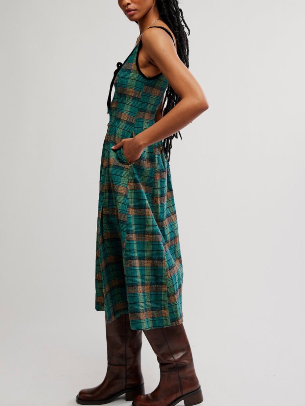 Free People Teal Green Plaid Midi Dress with Black Bow - Picture 2 of 5